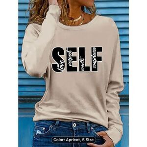 Self Letter Print Tee, Casual Long Sleeve Crew Neck T-shirt, Women's Clothing